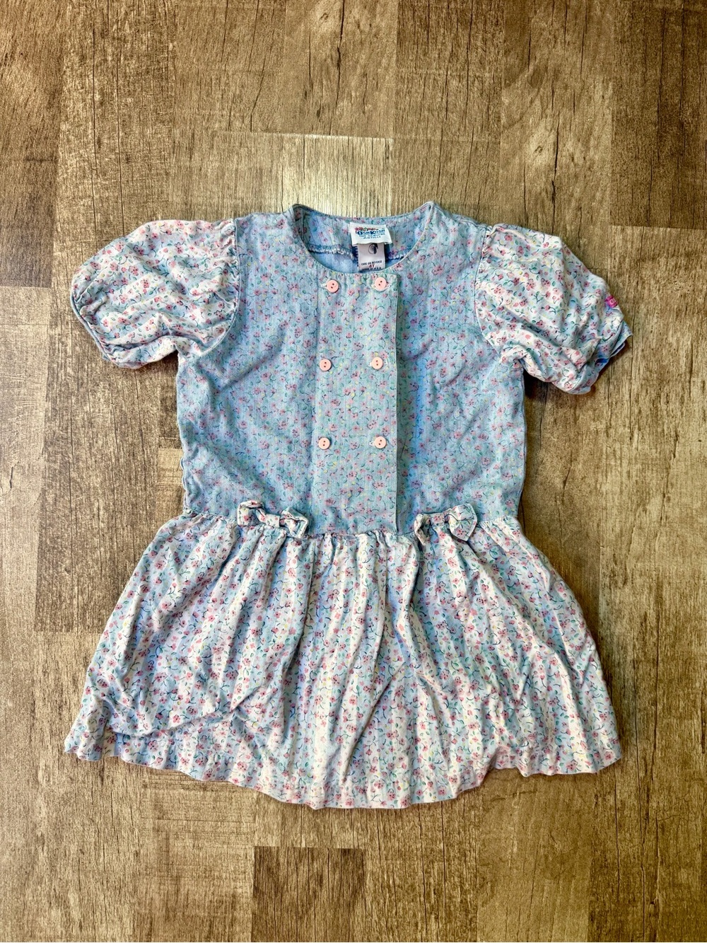 Vintage OshKosh B'Gosh Girls Floral Denim Puff Sleeve Dress 3T